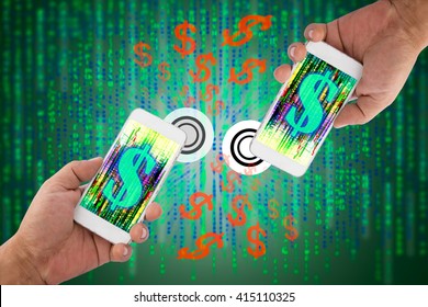 Fintech concept image. Two smart phones with dollar sign on screen against coded money background. Representing Transfer money by coded money or digital money.