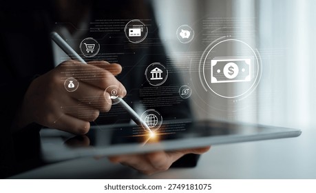 A fintech concept showing a network of digital banking services. This includes secure online payments, global transactions, and e-commerce for the modern financial system. Parse
