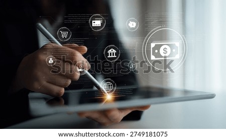 A fintech concept showing a network of digital banking services. This includes secure online payments, global transactions, and e-commerce for the modern financial system. Parse