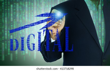 FINTECH and Digital technology concept image. Business man drawing growth graph with text 