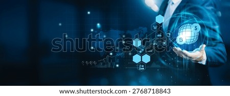 Fintech expert holding blockchain interface. Decentralized Finance uses blockchain to provide open, transparent financial services without intermediaries.