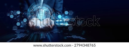 Fintech expert holding blockchain interface. Decentralized Finance uses blockchain to provide open, transparent financial services without intermediaries.