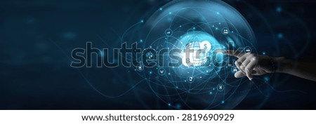 Fintech expert holding blockchain interface. Decentralized Finance uses blockchain to provide open, transparent financial services without intermediaries.