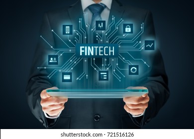 Fintech (financial technology) concept. Business person with tablet and fintech illustration. - Shutterstock ID 721516126