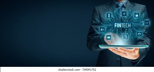 Fintech (financial technology) concept. Business person with tablet and fintech illustration.