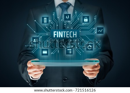 Fintech (financial technology) concept. Business person with tablet and fintech illustration.