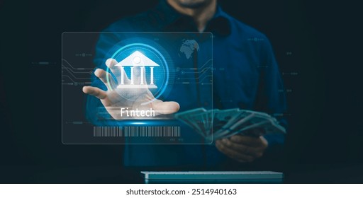 Fintech financial technology, Digital banking network, internet payment, online shopping, payment via mobile banking apps, Cryptocurrency investment, business on virtual screen cybersecurity concept