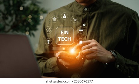 FinTech, Financial technology, Digital banking, AI, Online banking and digital money. Businessman using smartphone with digital finance icons, Internet payment, online shopping, financial technology - Powered by Shutterstock