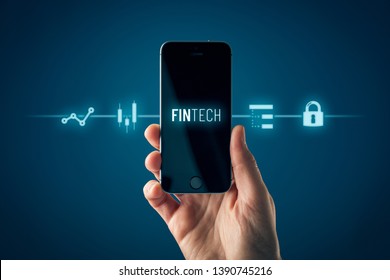 Fintech (financial technology) on smart phone concept. Hand with smart phone and text fintech and financial icons. - Shutterstock ID 1390745216