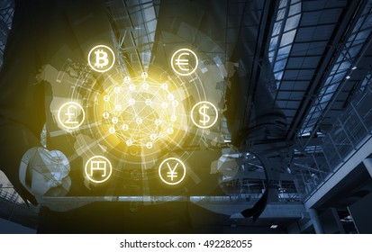 Fintech Investment Financial Internet Technology Concept. Currencies sign icon and with abstract technology and man suit background , cryptocurrencies or bitcoin concept , copyspace