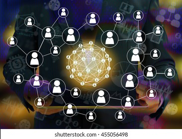 Fintech and Peer-to-peer payment concept. Peer-to-peer payment network icons with abstract man suit holding tablet and digital binary code background.