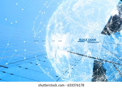 Fintech technology and Blockchain network concept , Distributed ledger technology connect wireframe and cloud globe with blue building background and text. Elements of this image furnished by NASA.