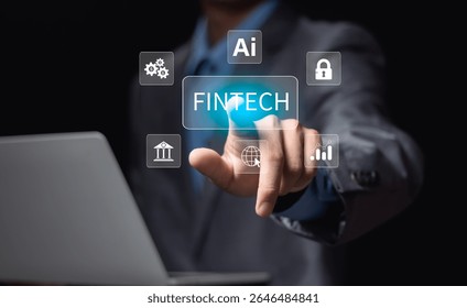 Fintech Technology, Integration of Financial Technology, Artificial Intelligence, and Modern Business Solutions in a Digital Era, internet payment, online shopping, financial technology concept.