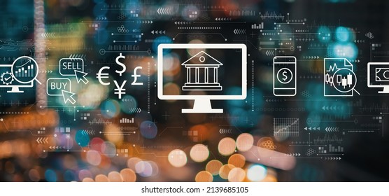 Fintech theme with blurred city abstract lights background