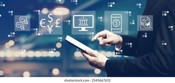 Fintech theme with businessman using a tablet computer