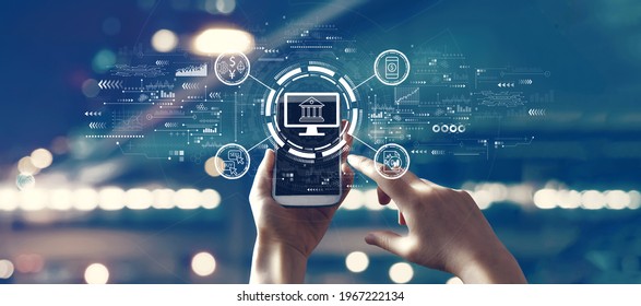 Fintech theme with person using a smartphone - Shutterstock ID 1967222134