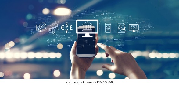 Fintech theme with person using a smartphone - Shutterstock ID 2115772559