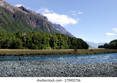 FIORDLAND,NZ - JAN 15:Fisherman Fly Fishing In Eglinton River On Jan 15 2014.NZ Has A World-renowned Wild Trout Fishery And Fiordland Area Offers Many Rivers, Streams And Lakes In Stunning Locations.