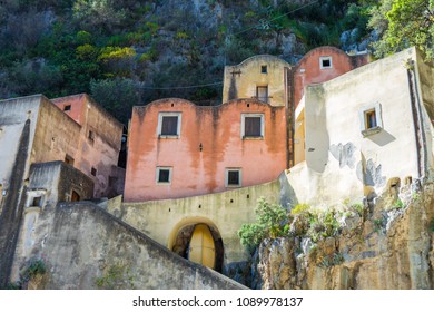 Fiordo Di Furore Beach. Furore Fjord, Amalfi Coast, Positano, Naples, Italy. - Details Of The Old Fishermen Village Houses.