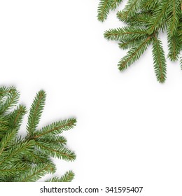 fir branches border on white background, good for christmas backdrop