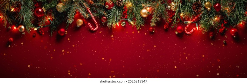 Fir branches with Christmas balls on glittering red background with winter holiday lights - Powered by Shutterstock