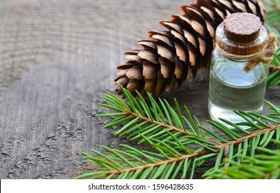 Fir Needle Essential Oil In A Glass Bottle And Green Coniferous Tree Branches With Cones.Spruce Aroma Oil For Spa,aromatherapy And Bodycare.Selective Focus.