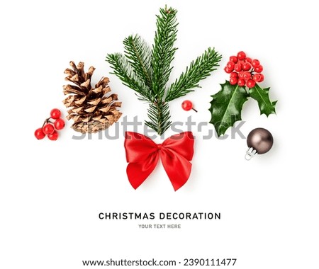 Fir tree branch, red bow ribbon, cone, holly leaves berry, ball bauble isolated on white background. Christmas decoration. Creative layout. Flat lay, top view. Design element
