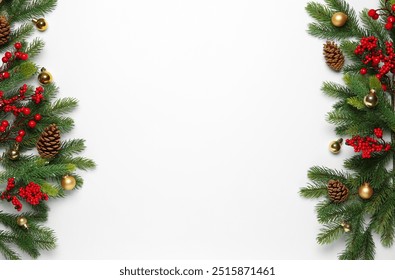 Fir tree branches with Christmas decor on white background, flat lay. Space for text - Powered by Shutterstock