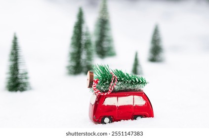 fir tree on a red car in snowy landscape - Powered by Shutterstock