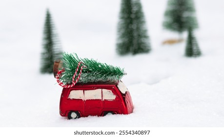 fir tree on a red car in snowy landscape - Powered by Shutterstock