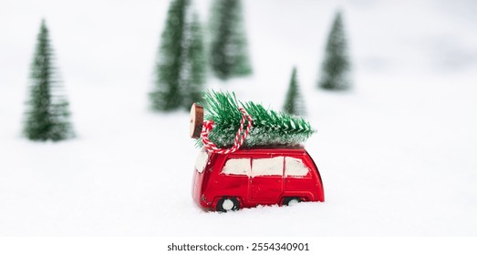 fir tree on a red car in snowy landscape - Powered by Shutterstock