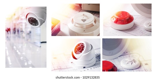 Fire Alarm System And Video Security Equipment. Set Of Photos Good For Security Service Engineering Company Site Or Advertising