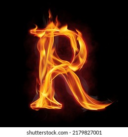 Fire alphabet letter "R" made of fire flames, with red smoke behind, hot metal font in flames, isolated on black