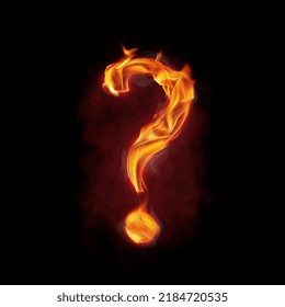 Fire alphabet question mark "?" symbol made of fire flames, with red smoke behind, hot metal font in flames, isolated on black