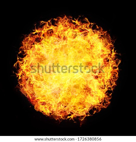 Fire Ball Sphere Circle Flame Burn Explosion Hell Heat Isolated On Black. Overlay Screen Effect. 