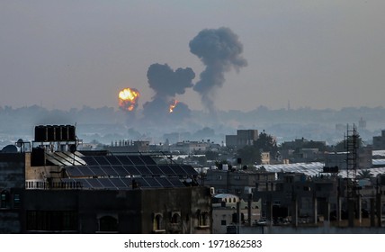 Fire Billow From Israeli Air Strikes In Rafah The Southern Gaza Strip, Controlled By The Palestinian Islamist Movement Hamas. May 11, 2021. Photo By Abed Rahim Khatib