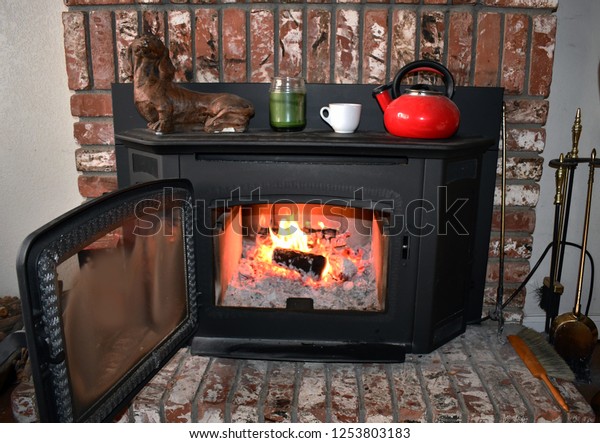 Fire Brick Fireplace Mantle Inside Cozy Stock Photo Edit Now