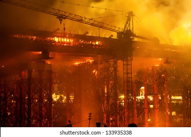 Fire At Bridge Construction Site