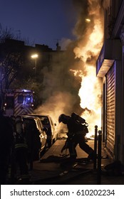 Fire Brigade Gets Busy At Violently Burning Apartment Building In The Barbès Paris France Seen From Street Level.