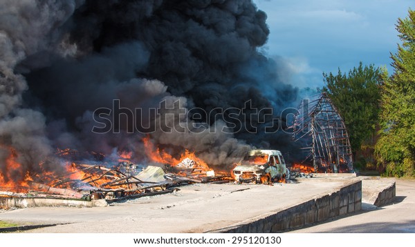 Fire of buildings and\
cars