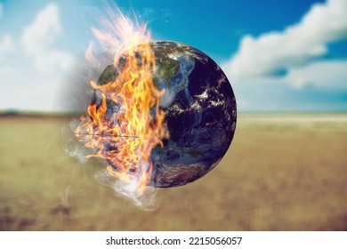 Fire Burn Earth Globe On Nature Background. Collapse Concept.