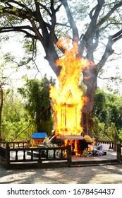 Fire Burn On Corpse Cremation Ceremony Of Northern Thailand. Fire Burn Imitate Wood Castle Outdoor Funeral In Thai