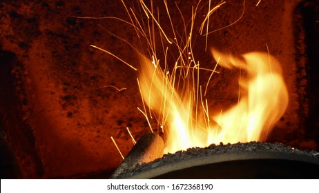 Fire Burn Pellets Spruce Sawdust Delivery Strew Bio Wooden Pallets Industrial Boiler, Sparks Fly Out Flames Fire Detail Closeup, Biofuels Compressed Matter Organic Biomass, Alternative Fuel Granules