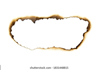 Fire Burned Hole White Paper Background Texture Isolated On White Background. Paper Burn Mark Stain