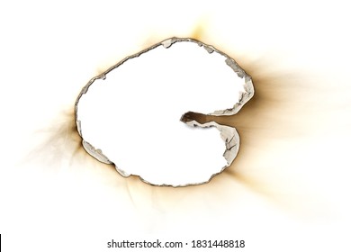 Fire Burned Hole White Paper Background Texture Isolated On White Background. Paper Burn Mark Stain