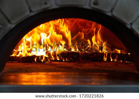 A fire is burning in a pizza oven. selective focus