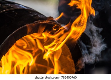 Fire Burning In A Wooden Barrel