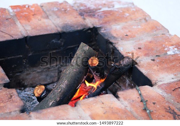 Fire Burns Old Traditional Brick Stone Nature Objects Stock Image