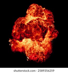 Fire cloud of huge explosion isolated on black