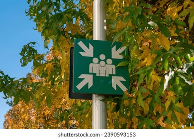 fire collection point, emergency exit signs and collection point for assistance and care of people. fire safety.